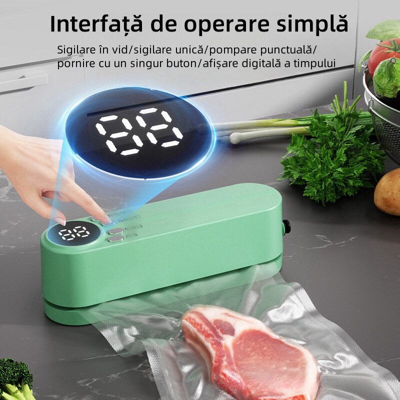 Dispozitiv de aspirare, evacuare si etansare, 60Kpa, Mod cu 3 viteze, Umed si uscat, Functionare cu buton, Compact si portabil, Culoare verde