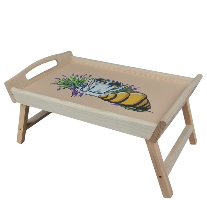 Tava Lemn cu Picioare Pliabile pentru Servire Mic Dejun, Model Croissant, 43x27x20 cm