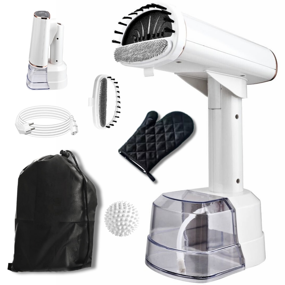 Fier de calcat Vertical cu Abur Wanty®, Display LCD, 1500W, 20s Timp de incalzire, Debit de abur 24 g/min, Doua moduri de temperatura 130°C si 150°C, Rezervor de 400 ml, Perie, Manusa protectie si Bila Anti-incalcire rufe incluse, Sac de depozitare, Alb