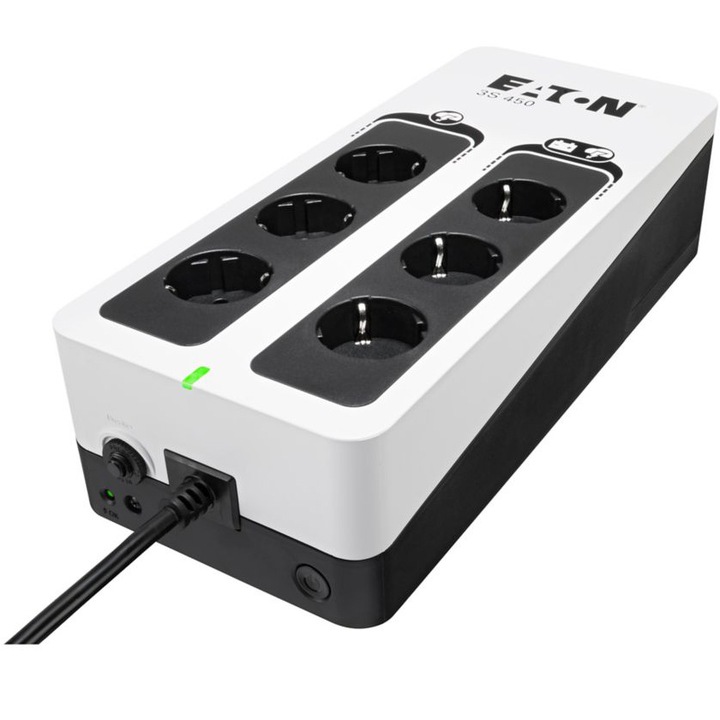 UPS Eaton 3S450D, Gen2 DIN, 450 VA/270 W, Standby, intrare Schuko, 6 iesiri (3 cu baterie si protectie, 3 doar protectie), port USB, interval tensiune 161-284V, protectie supratensiune, suprasarcina, pornire la rece, 3kg