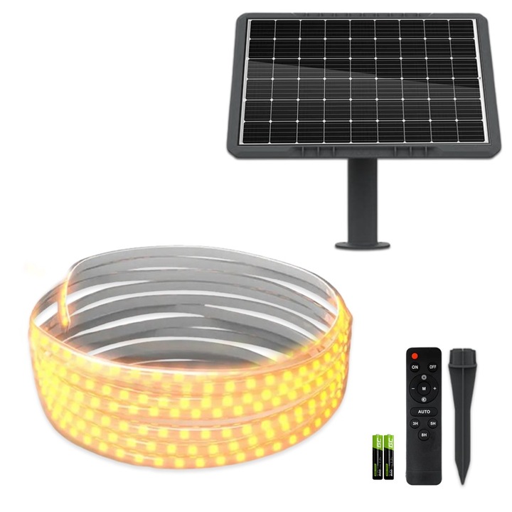 Комплект топла бяла LED лента, 5 метра, монокристален слънчев панел, 50 W, IP65, ClassLights