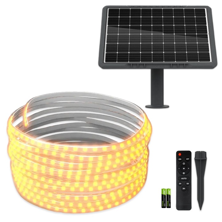 Комплект топла бяла LED лента, 10 метра, монокристален слънчев панел, 100 W, IP65, ClassLights