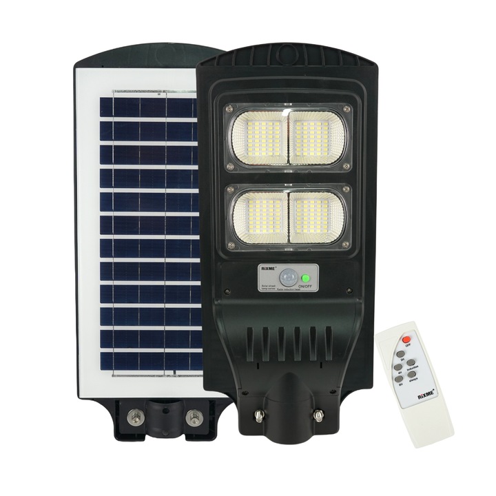 Lampa solara stradala Rixme 80W, 4 zone LED, senzor miscare, telecomanda, Lampa solara exterior, IP67, Negru