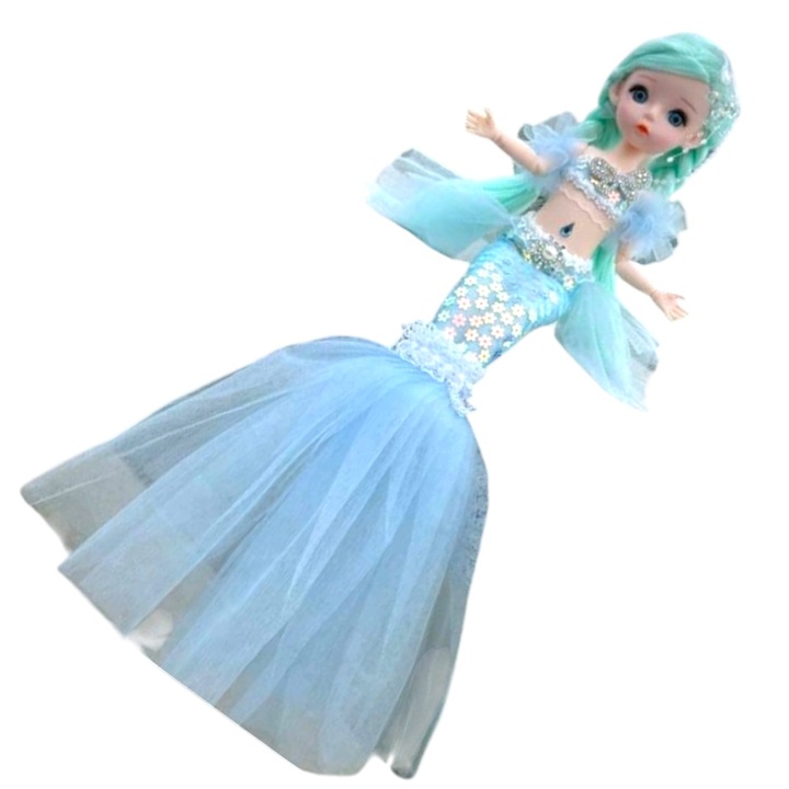 Hableány csuklós baba menta hajjal és ruházattal, 45 cm