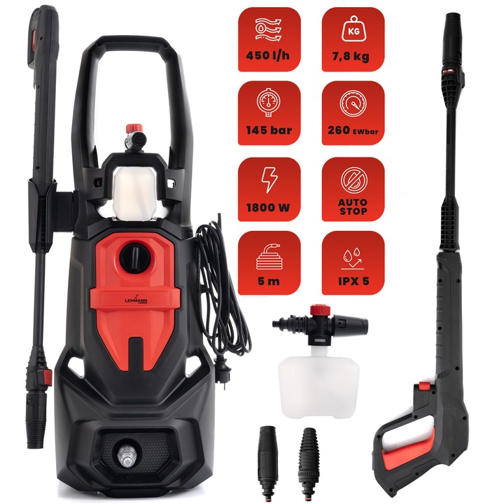 Миялна машина под налягане, Lehmann Austin, 1800W, алуминиева помпа, 5m маркуч, захранване от мрежата, 100/145 bar, 260 eWbar, 450 l/h, 370x355x920 mm, 8 kg, черен/оранжев