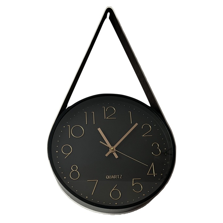 Ceas de perete Living, Silentios, Modern cu agatatoare detasabila din piele tip curea, Negru cu Auriu, 30x4 cm