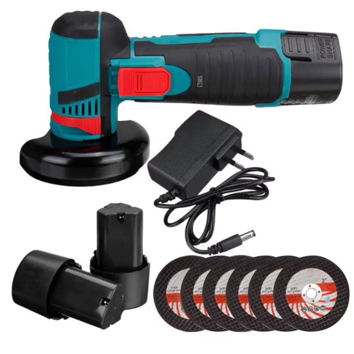 SIKS Mini Flex hordozható elektromos vezeték nélküli, sarokcsiszoló 76 mm-es tárcsával, kompakt kialakítás, hosszú üzemidő, 750 W, 2 db 12 V-os akkumulátor, 1500 mAh, 19500 ford./perc, Lágyindítás funkció, 6 tárcsa, kék / fekete