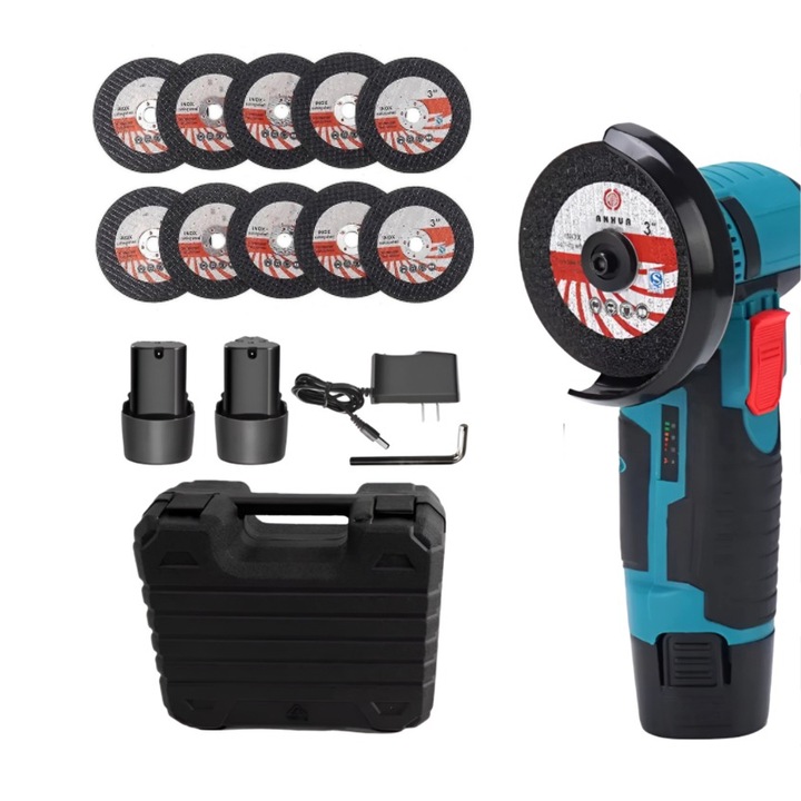 Мини преносим гъвкав ъглошлайф, eSimplu®, 2 батерии 24V, 1500 W, 3000 mAh, 19500 rpm, 10 диска в комплекта, куфар за носене, зелен/черен