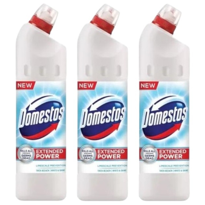 Pachet curatenie dezinfectant Domestos Bleach White&Shine, 3 x 750ml