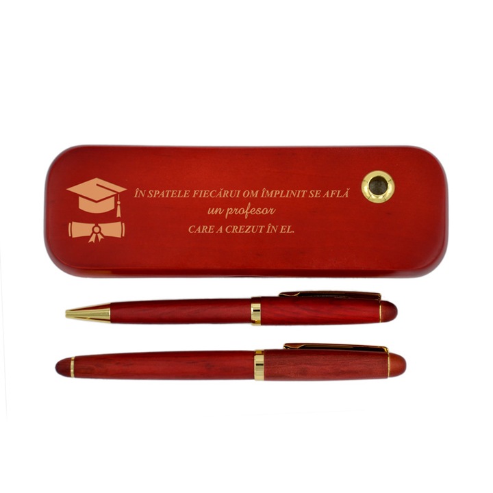Set pix si stilou in cutie din lemn de trandafir, Piksel, cu mesaj, absolvire, profesori