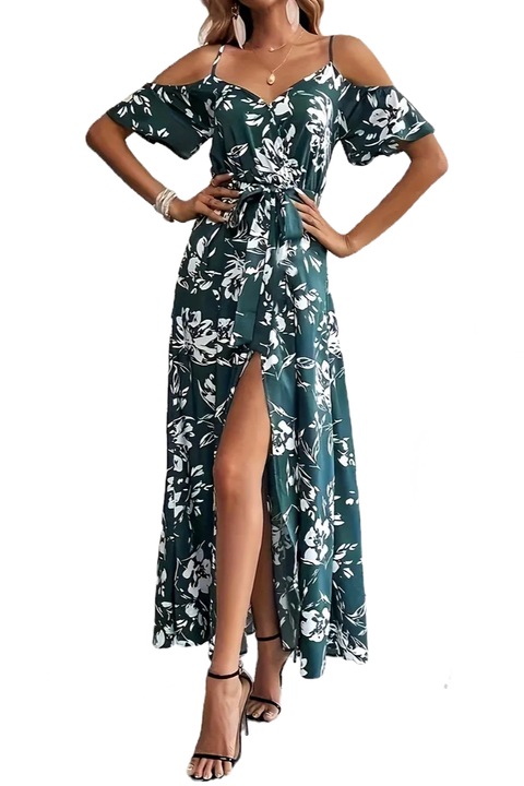 Rochie lunga cu crapatura pe picior, print floral, Cyan