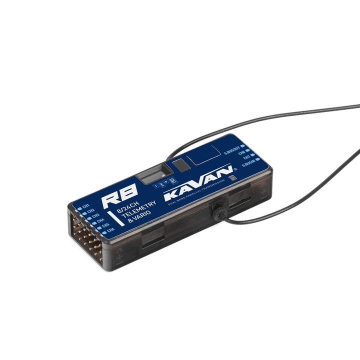 KAVAN R8 Vario vevő, 2,4 GHz, tömeg 9,8 g, méretek 54×20×10 mm