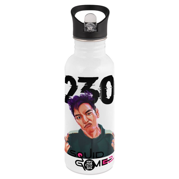 Sticla de apă 600ml, Squid Game 2, capac cu pai, inox