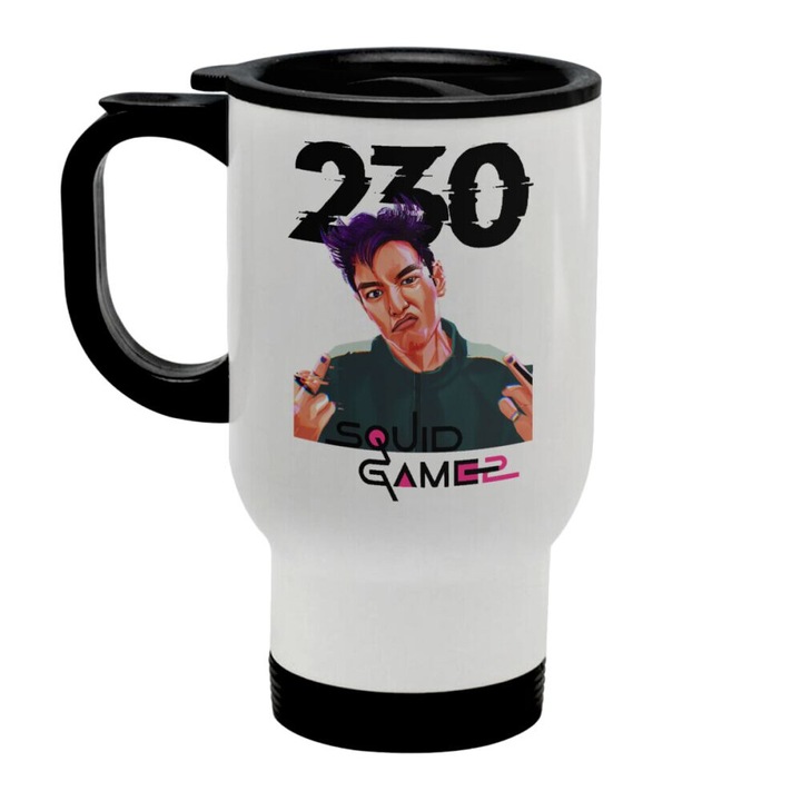 Cana termica din otel inoxidabil cu capac, perete dublu, 450ml, alb, cu maner