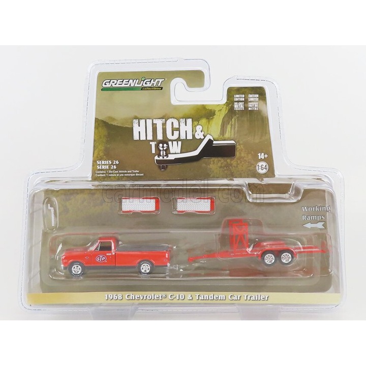 Autó, Greenlight, Chevrolet C-10 pick-up STP pótkocsival, 1968, 1:64, piros
