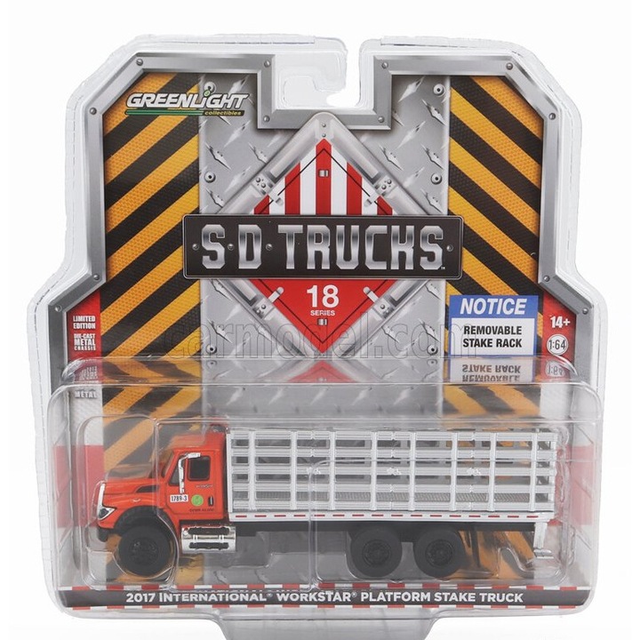 Greenlight Workstar Truck Platform Stake 3-assi 2017 1:64, narancssárga/ezüst
