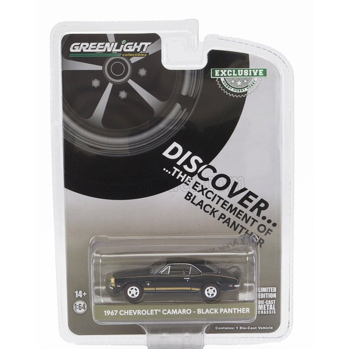 Autó, Greenlight, Chevrolet Camaro Coupe Black Panther 1967, 1:64, fekete