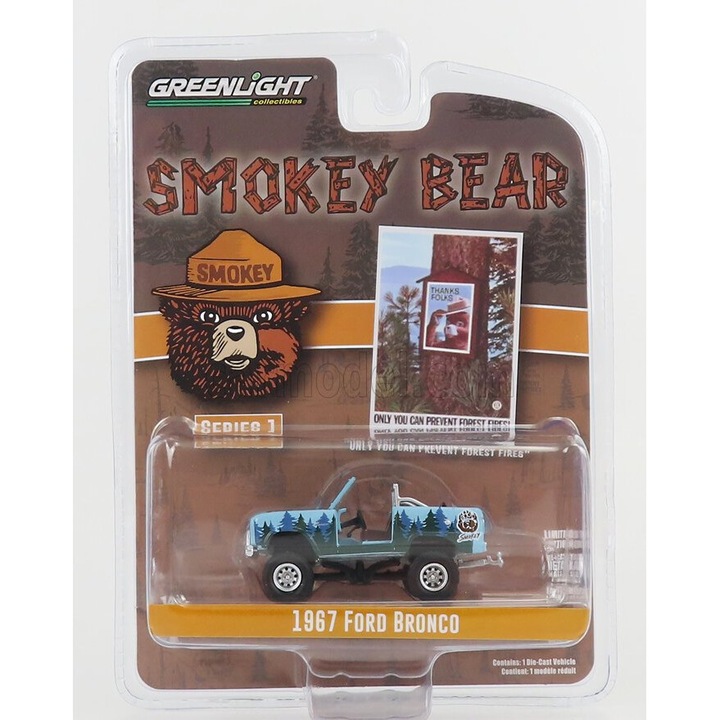 Autó, Greenlight, Ford Bronco 1967, Smokey Bear, 1:64, többszínű