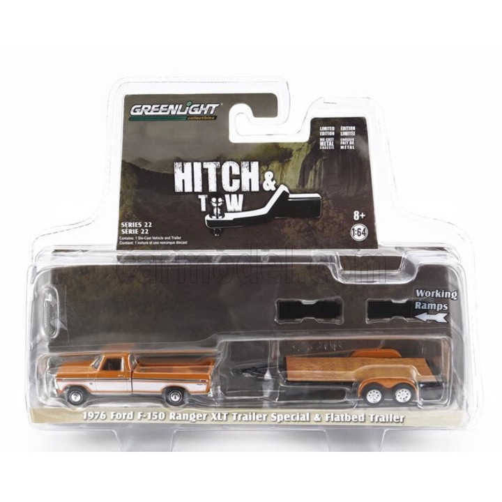 Greenlight Ford F-150 Pick-up Ranger Xlt pótkocsival, 1976, 1:64, sárga/fehér