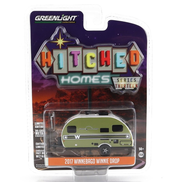 Autómodell, Greenlight, Winnebago Winnie Drop Roulotte 2017 1:64, zöld