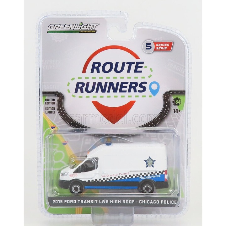 Greenlight Ford Transit Van Lwb High Roof Chicago Police 2019 1:64, fehér