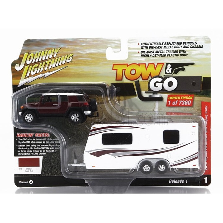 Játékautó, Johnny Lightning, Toyota Fj Cruiser 200 pótkocsival, 1:64, piros-fehér
