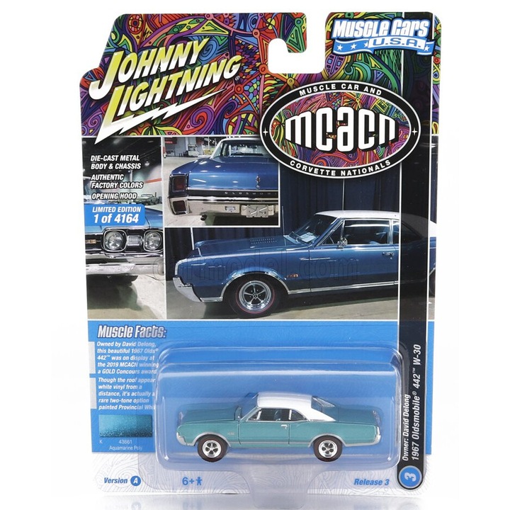 Játékautó, Johnny Lightning, Oldsmobile 442 W-30 Coupe 1967, 1:64, kék-zöld fehérrel