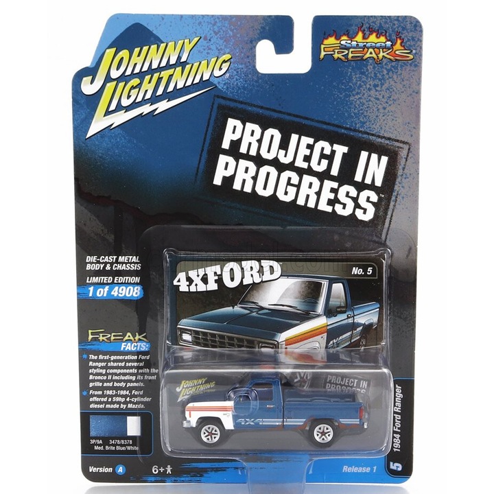 Játékautó, Johnny Lightning, Ford Ranger Pick-up 1984, 1:64, kék, fehér