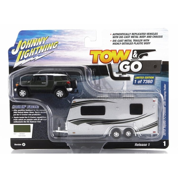 Johnny Lightning Toyota Fj Cruiser 200 pótkocsival, 1:64, zöld/ezüst
