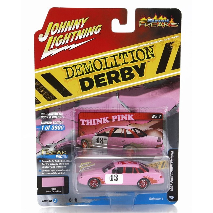 Johnny Lightning Ford Crown Victoria N 43 Demilition Derby 1997 Diecast modellautó, 1:64, rózsaszín/fehér