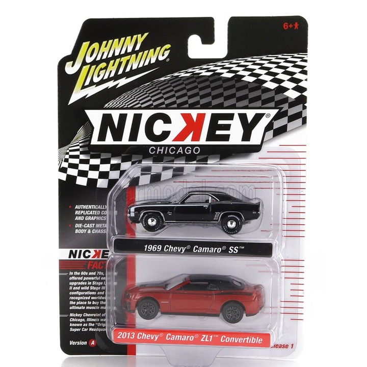 Johnny Lightning 2x Camaro SS 1969 + ZL1 Cabriolet Closed 2013 autókészlet, 1:64, fekete/piros