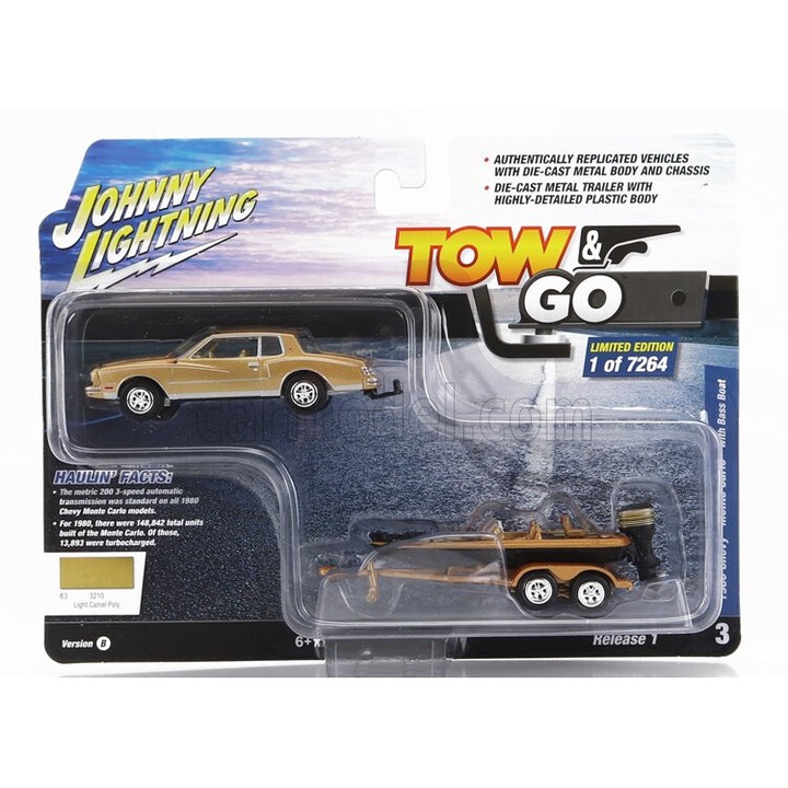 Johnny Lightning Chevrolet Montecarlo 1980 utánfutóval és hajóval, 1:64, arany/fekete