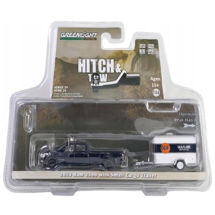 Greenlight autó, Dodge Ram 2500 Pick-up 2023, pótkocsival, 1:64, fekete/fehér