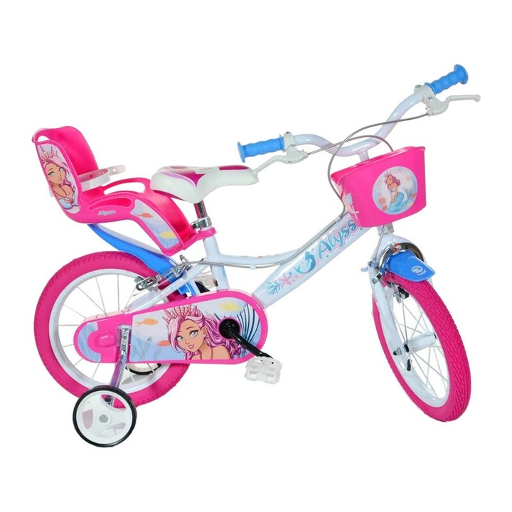 Детски велосипед, Dino Bikes, 14", с поставка за кукла и кошница, пневматични колела, спирачки на двете колела