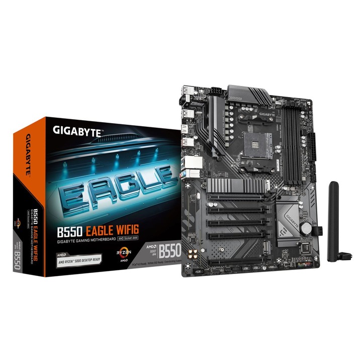 Дънна платка Gigabyte B550 EAGLE WIFI6 AM4, AMD B550, 4xDDR4, Max:3200MHz, Max:128GB, 5xPCIE16, 4xSATA3, RAID, 4xUSB, 3xUSB3.2, 1xUSB3.2C, HDMI, 7.1, Gigabit, WiFi, Bluetooth, 2xM.2, ATX