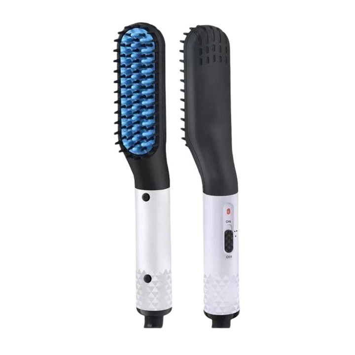 Pieptene pentru barba barbati, BOMSTOM, Pieptene indreptare si stilizare barba, 2 setari de temperatura, ceramica de turmalina, 80W, incalzire rapida, alb/negru