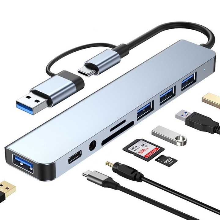 Hub USB-C 8-in-1, TREXORA, Carcasa din aluminiu, 2 USB 3.0, 3 USB 2.0, 1 USB-C, Cititor SD/TF, Port auxiliar 3.5mm, Argintiu