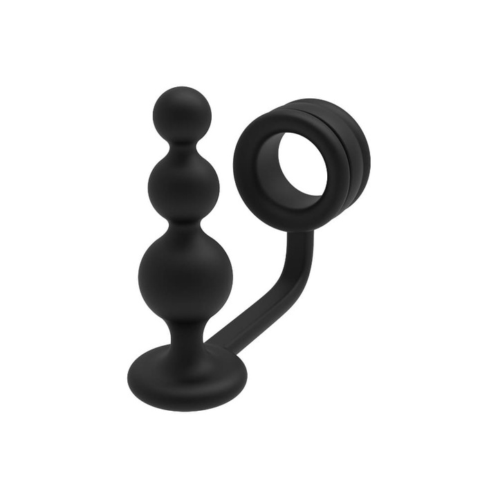 Inel pentru penis cu plug anal DREAMTOYS RAMROD 2-In-1 Dual Pleasure, lungime 11 cm, din silicon, negru