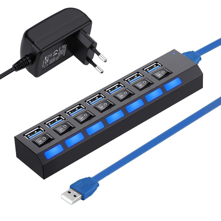 USB 3.0 хъб, 7 в 1, Малък и преносим, 7 порта, за пътуване, офис, дома, OUYLAF, Черен
