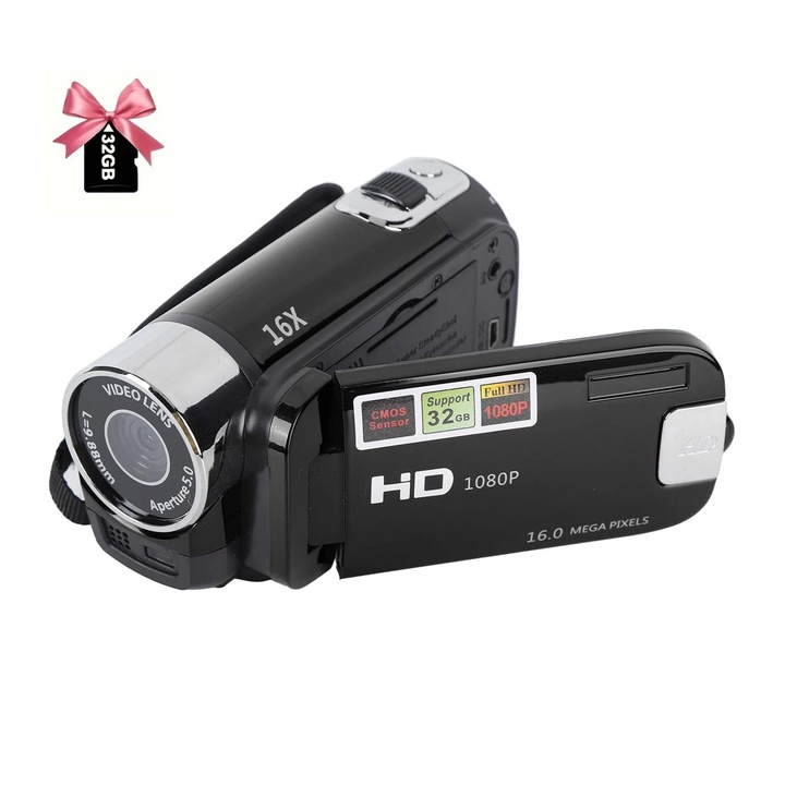 Digitális fényképezőgép, 1080P, 16x digitális zoom, 48MP, 2,7 hüvelykes forgatható képernyő, fekete, kártyaolvasóval