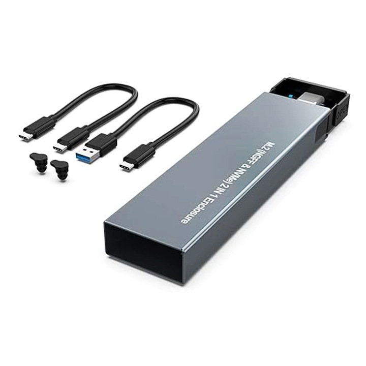 Алуминиев твърд диск TREXORA 2-в-1, M.2 NVMe/NGFF SSD, 10 Gbps, 2TB, тъмно сив