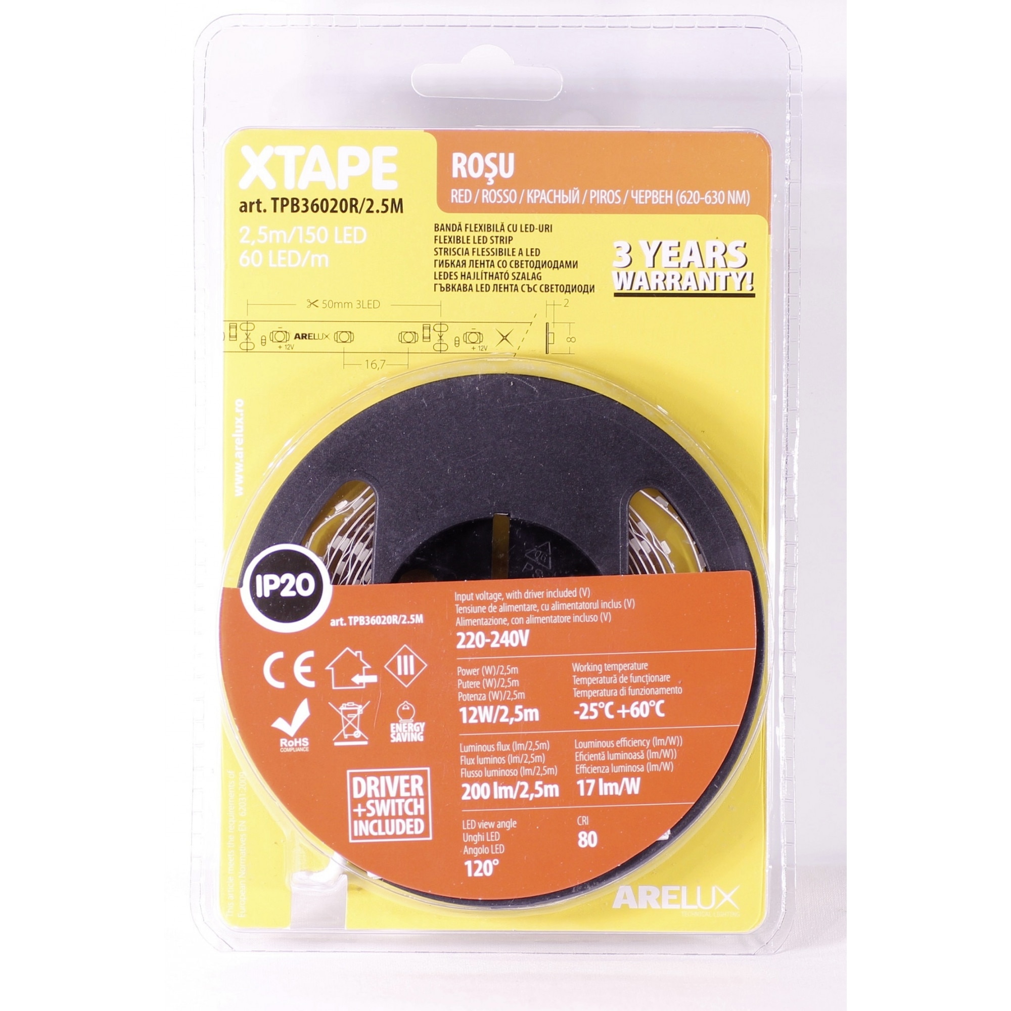 Banda LED Arelux 3528 SMD 60LED/m, 12W, IP20, culoare rosie, include alimentator si intrerupator pe fir