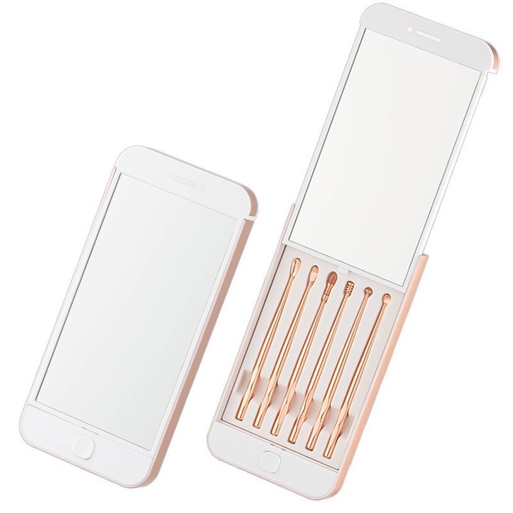 Set 6 unelte pentru curatarea urechilor, instrument profesional cu capete duale, curatitor din otel inoxidabil, cutie de depozitare cu oglinda, roz aurie