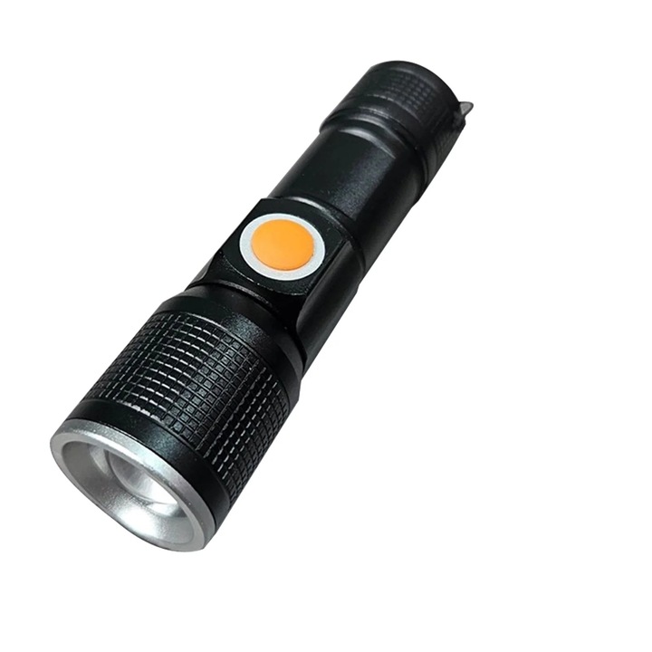 Телескопичен фенер, алуминий, силна светлина, USB зареждане, 10х3см, черен