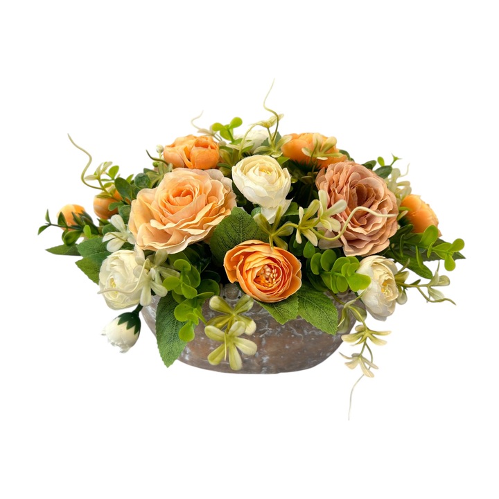 Aranjament floral cu flori artificiale, 30x20x19 cm, Dady, tip centerpiece, de forma ovala in vas oval din piatra, cu ranunculus portocaliu si crem, si trandafiri mari bronz si caisa