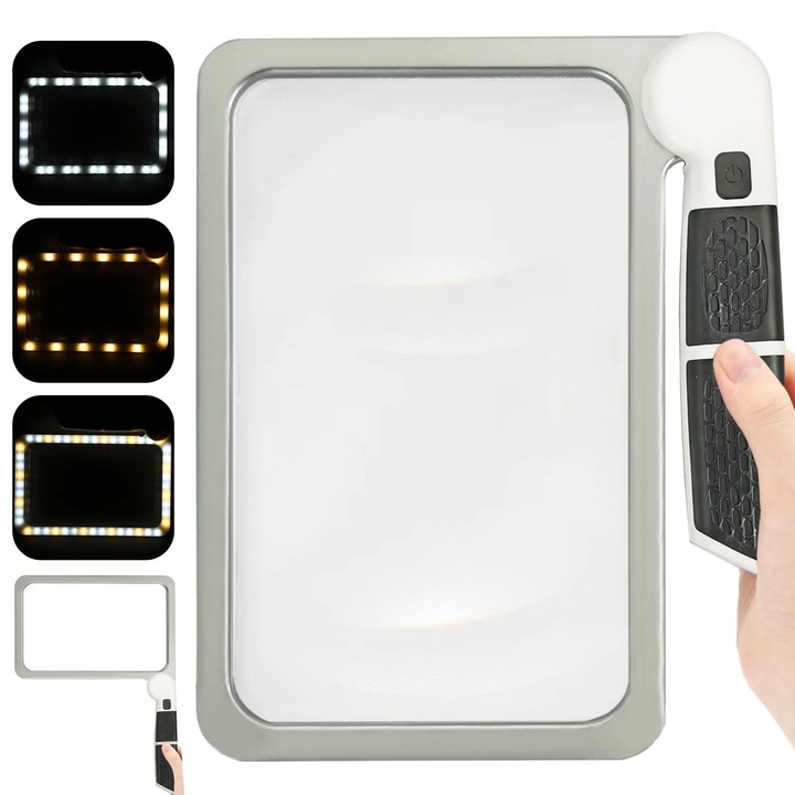 Lupa cu LED 5X, MESEVEN, 48 LED-uri, lumina rece si calda, pliabila, pentru citit, forma rectangulara