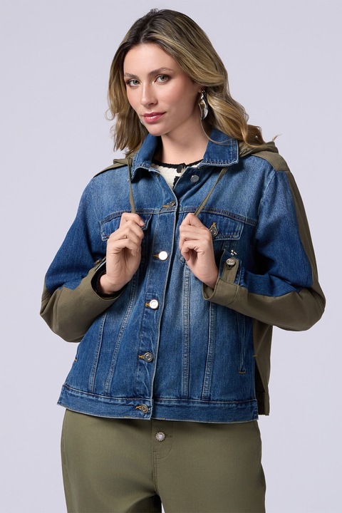 Oltre, Jacheta din denim cu gluga si textura dubla, Kaki/Albastru
