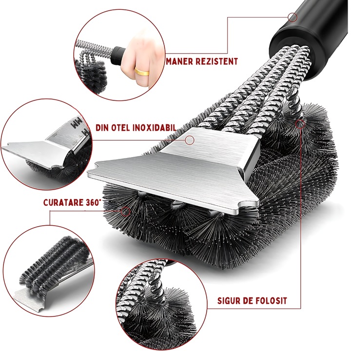 Perie gratar 2 in 1 Promerco®, design practic, functional, material Premium, inoxidabil, rezistent, durabil, racleta si perie, neagru