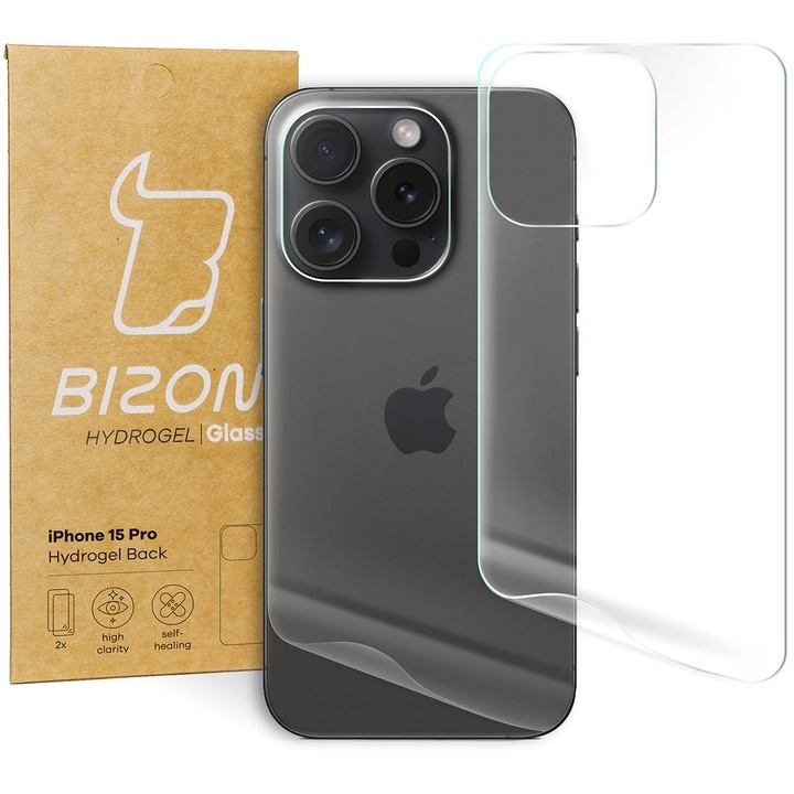 Комплект 2x Стъклен протектор Bizon Glass Hydrogel Back, за iPhone 15 Pro, Прозрачен