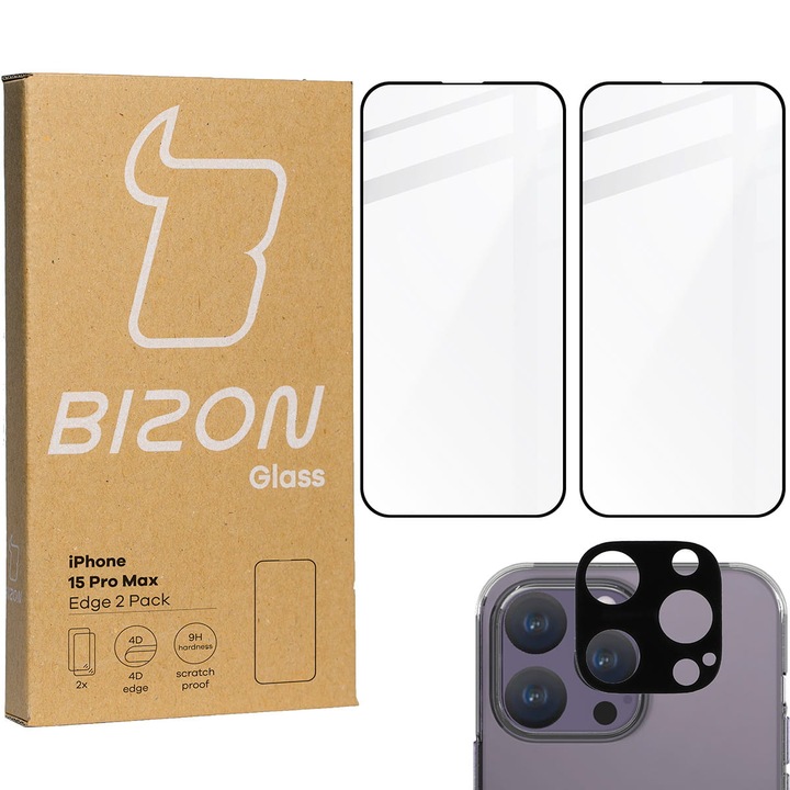 Комплект 2x Стъклен протектор + стъкло за обектив Bizon Glass Edge, за iPhone 15 Pro Max, Прозрачен